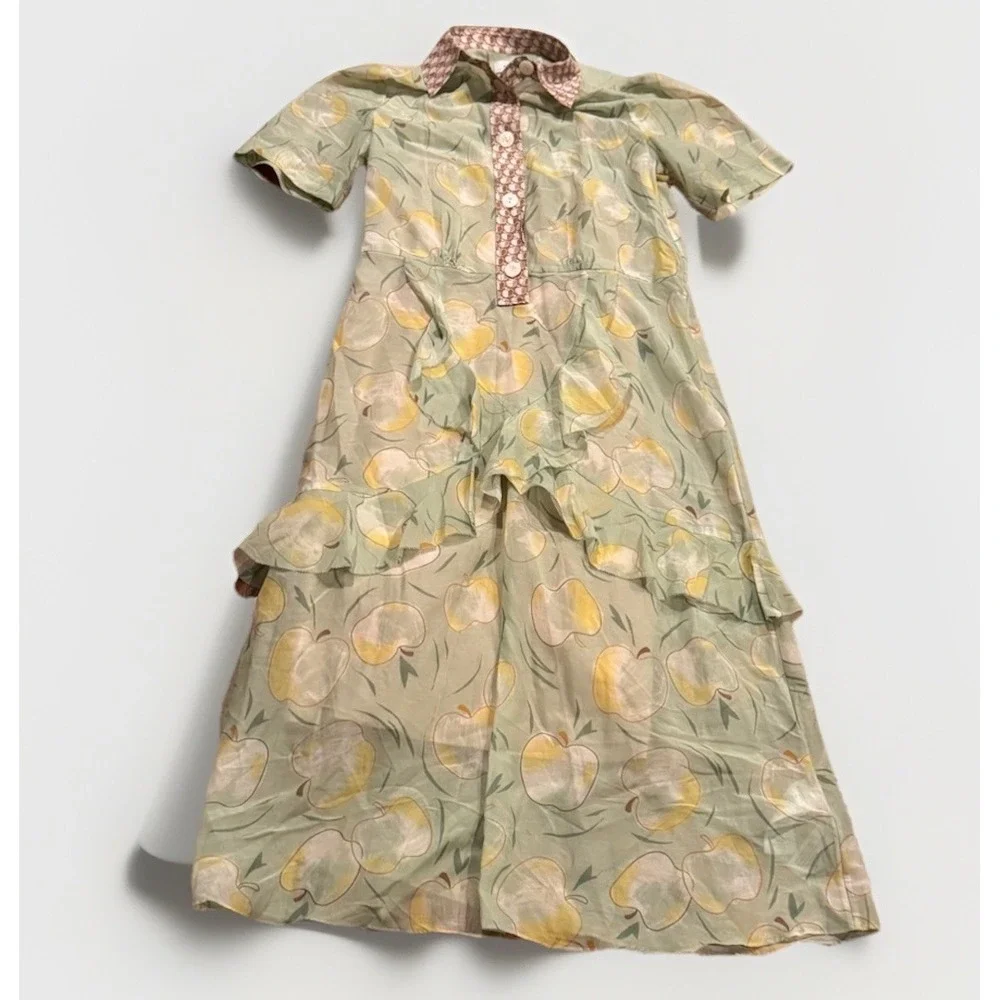 Coach Apple Print Cotton Cupro Ruffle Shirt Dress Sage Green Teacher Size 2 $700